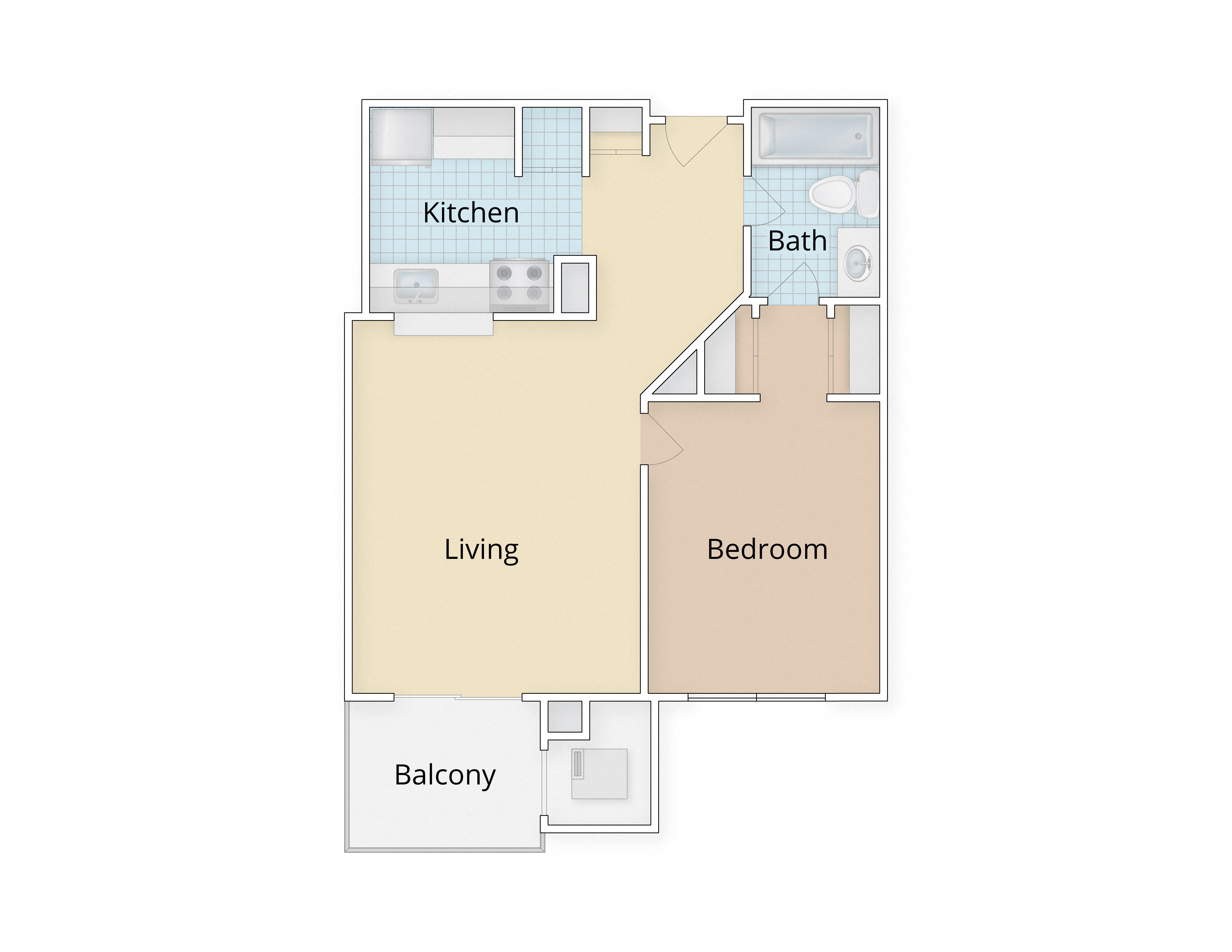Floor plan for 1 bed, 1 bath, 625 sqft